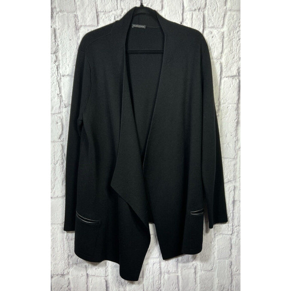 Eileen Fisher Minimalist MERINO Wool Open-Front Cardigan Pockets Leather Trim L - Picture 3 of 7